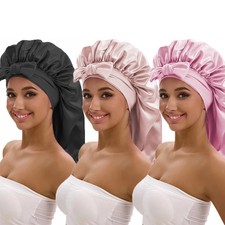 3pcs Satin Long Bonnet with a Wide Brim BowTie Sleep Cap Perfect for Everyday Us