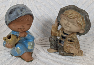 Vtg Pair Uctci Japanese Pottery Studio 1970 Girl With Watercan Boy w/ Water Pot