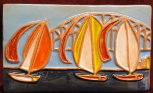 Vintage SUZANNE CLELAND Ceramic tile Harbour Bridge & Yachts Sydney Australia