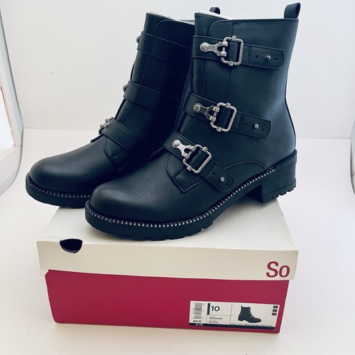 SO Boots 3 Buckle Accent Combat Women's Black Monique Size 10 Goth Biker Shoes - Picture 2 of 6