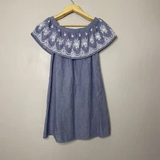 World Market Blue Chambray Embroidered Off Shoulder Dress Women’s Size S/M