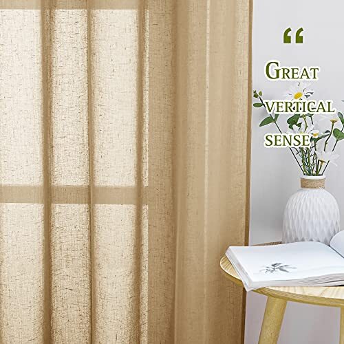 Sheer Linen Curtains Flax Texture 84 inch Length, Grommet Semi W52 x L84 Camel - Bild 4 von 6