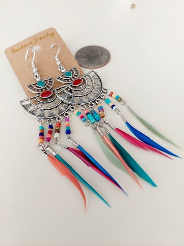 3.5" Bohemian Style Colorful Feather Fashion Jewelry Earrings Costume Jewelry - Picture 3 of 7