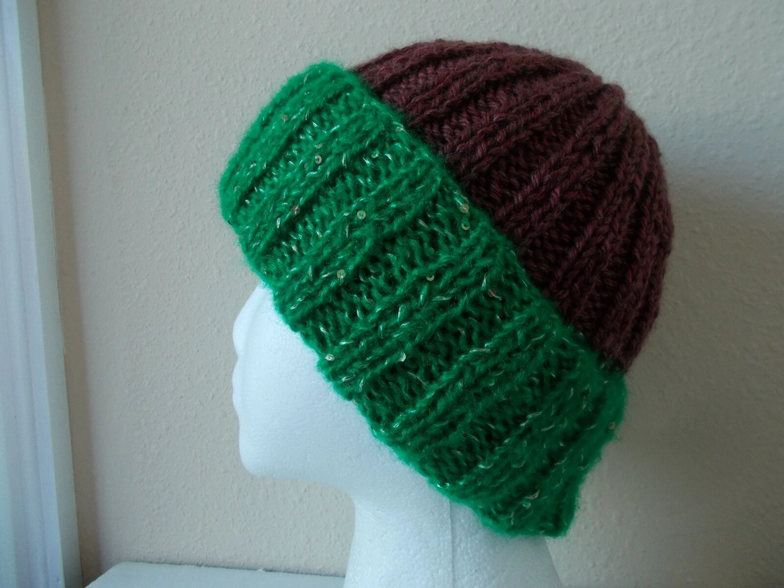 Hand knitted warm & elegant sparkly beanie/hat with sequins, green/brown