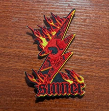 Sinner Flaming Skull Lightening Goth Biker Patch Embroidered Iron On 4x2.75"