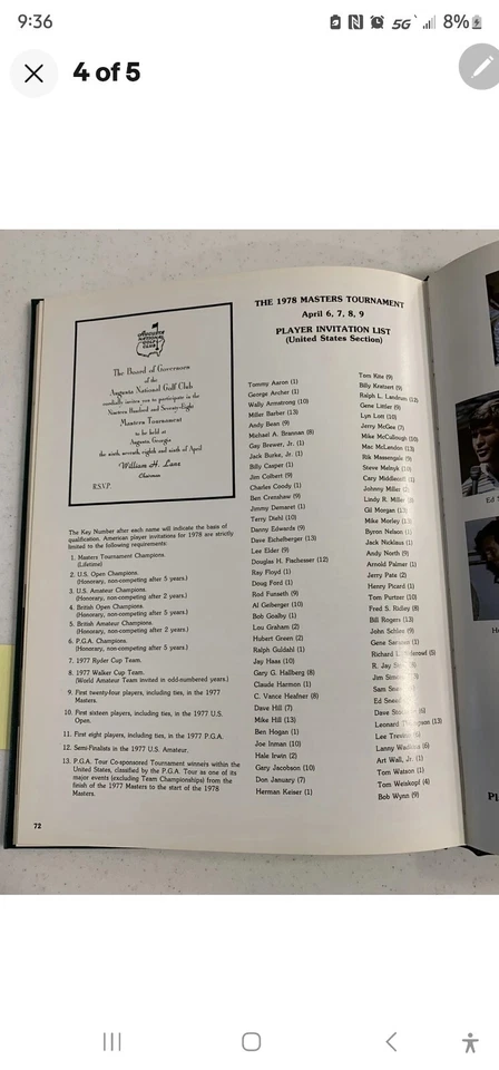 1978 MASTERS GOLF TOURNAMENT ANNUAL GARY PLAYER winner - Image 4 of 4