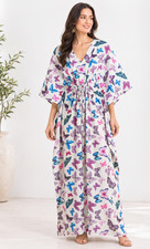 Indian Cotton White Kaftan Womens Clothing Dress Butterflies Print Caftan 50" US