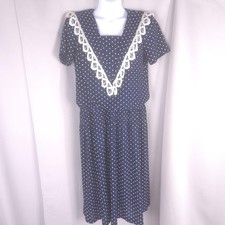 Vintage 80s Polka Dot Dress Womens L Blue Smocked Puff Sleeve Cottagecore Midi