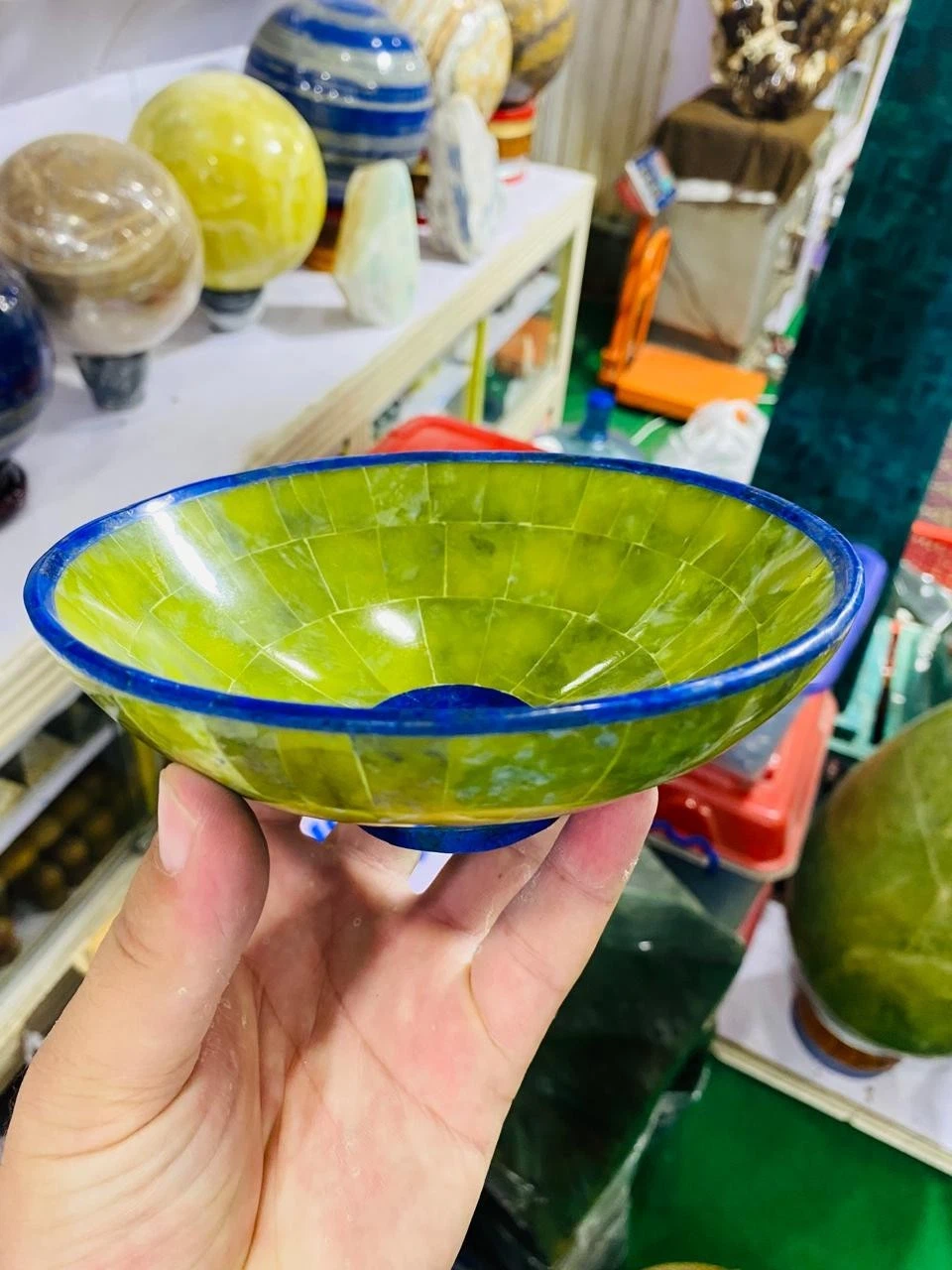 Lapis Lazuli And Serpentine Mix Decorative Bowl Natural Stone Hand Carved Dish