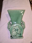 Mccoy Vintage Green Double Handle Wagon Wheel Hanging Tulips Vase No Reserve