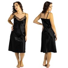 Black Silky Shiny Sexy Satin & Lace Chemise Nightie Slip Midi Length Size 26