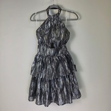 Lulus Womens Silver Metallic Tiered Halter Mini Dress Black Striped Party Small
