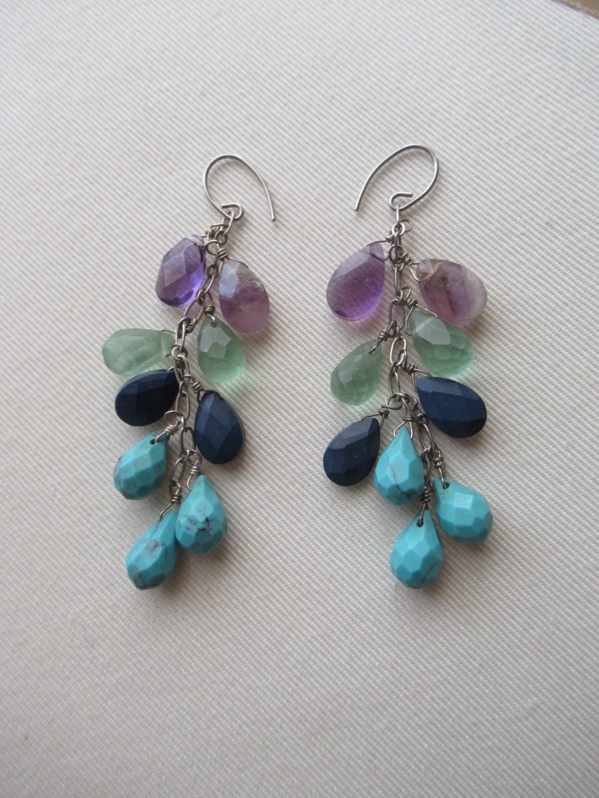 Multi Gemstone Dangle Drop Earrings, Amethyst Per… - image 1