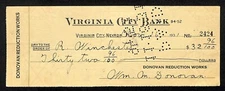 R. Winchester Virginia City, NV / Donovan Reduction Works 1931 Mining Bank Check