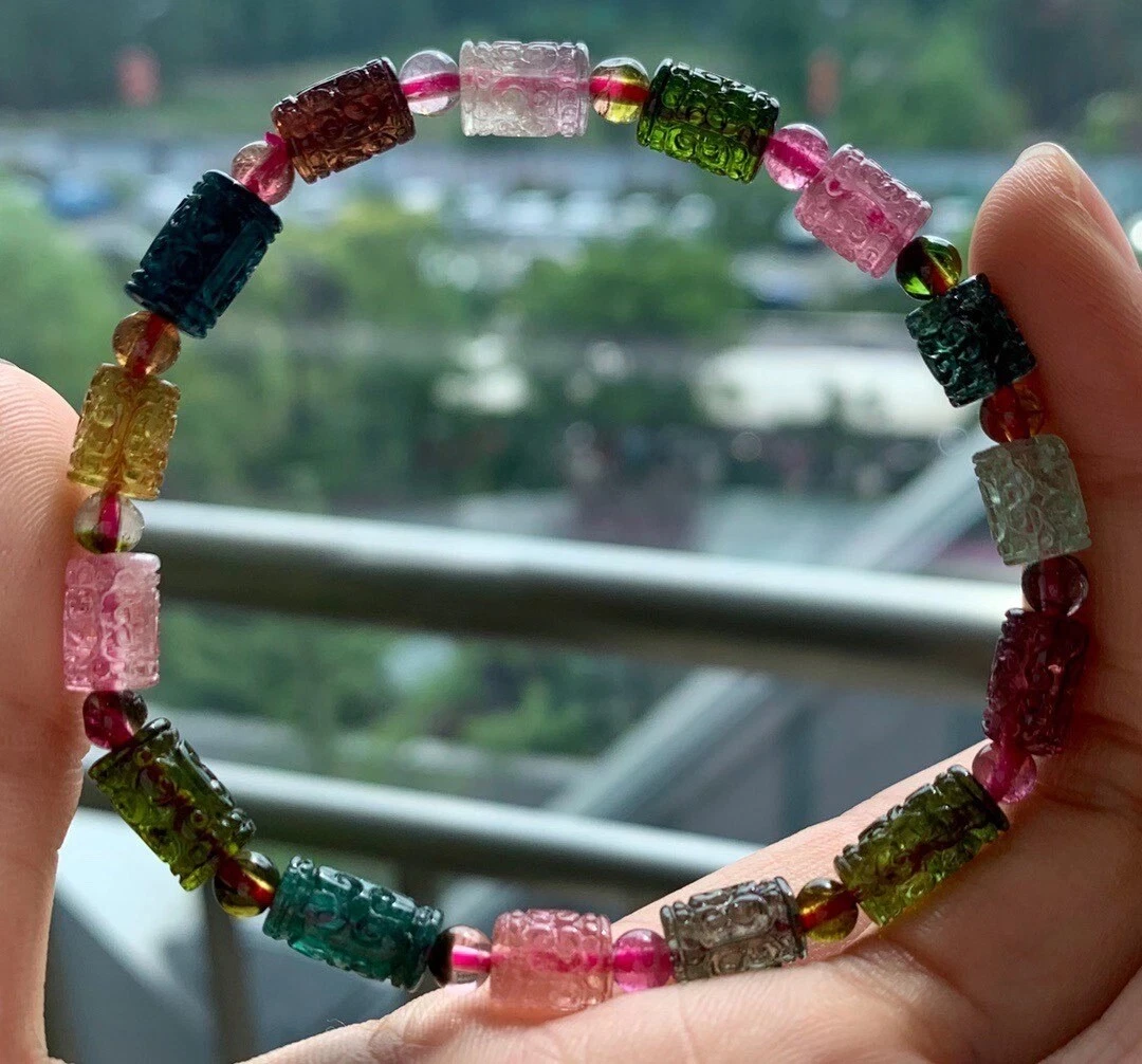 12.3g Top Natural multicolou red Tourmailne Crystal Rubellite Carving Bracelet
