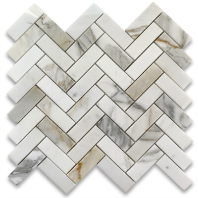 G72XP Calacatta Gold Calcutta Marble 1x3 Herringbone Mosaic Tile Polished
