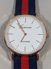 Geneva Platinum White Dial Round Gold Tone Case Red Blue Canvas Band Watch