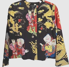 CITRON Santa Monica Dragon Child Luck Print Linen Silk Button Shirt Top Size S