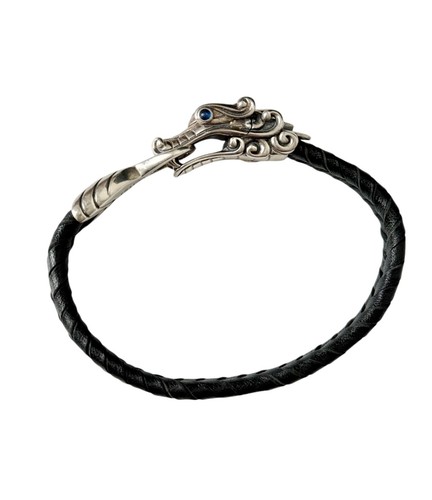 John Hardy Naga Dragon Men's Silver Black Leather Bracelet with Sapphire Eyes - Picture 5 of 5