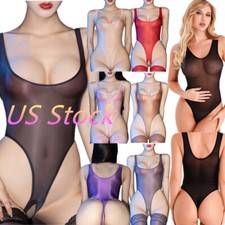 Womens Bodysuit Glossy Sleeveless High Cut Thong Crotch-less Leotard Lingerie