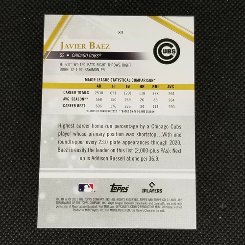 2021 Topps Gold Label Javier Baez Class 3 #83 Chicago Cubs - 第 2/2 張圖片