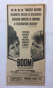 1968 newsprint movie ad ~ BOOM! ~ 3.75x7.75 inches ~ Elizabeth Taylor