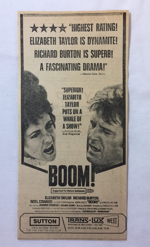 1968 newsprint movie ad ~ BOOM! ~ 3.75x7.75 inches ~ Elizabeth Taylor