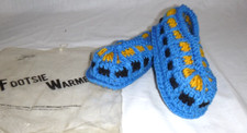 NOS Vtg Feather Step Footsie Warmer Slippers Knit Acrylic BLue Gold Sz S