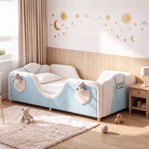 SLSY Overalls Style Upholstered Toddler Bed with Storage Pockets&CPC Certified