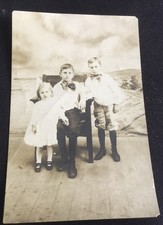 Antique Cabinet Card Photo 2 young boys their little sister POSTCARD