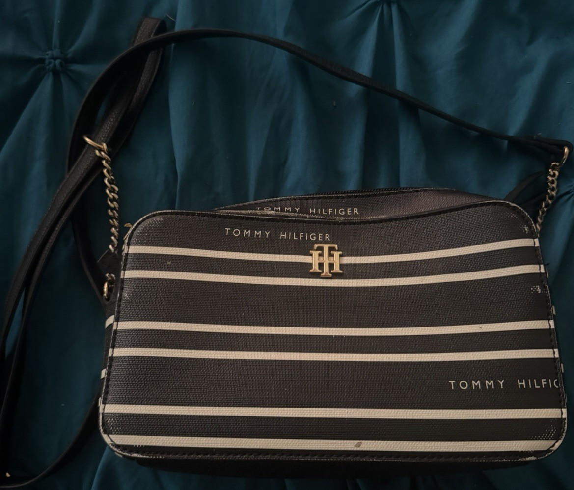 Tommy Hilfiger Black White Striped Crossbody Bag Logo Zip Gold Hardware