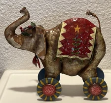 VTG Carnival Aesthetic RARE METAL CIRCUS ELEPHANT ON Turning WHEELS Hand Painted