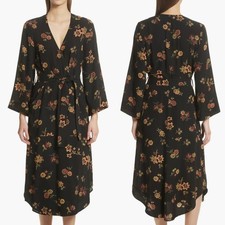 A.L.C. Wilma Silk Wrap Dress Black Floral Kimono Midi