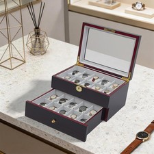 Wood Watch Box Display Case 20 Slot Glass Top Jewelry Storage Organizer Box+Lock