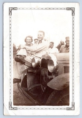 Proud Man Sitting on Car Automobile Crowd Happy c1920s Vintage Snapshot 