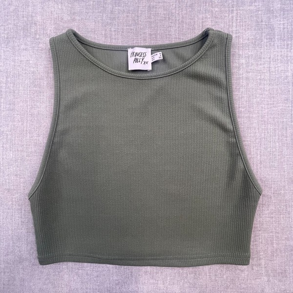 Princess Polly Crop Top Womens Size 8 Olive Khaki Green Ribbed Tank Vest Sleevel