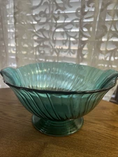 Vintage Depression Glass Jeanette Swirl Ultramarine Footed Bowl With Handles 10"