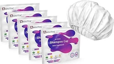 5pk -Omnitex Premium Rinse Free Shampoo Cap, Microwaveable, With Conditioner