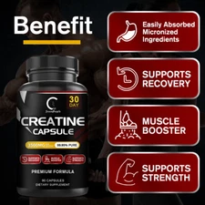 Pure Creatine Monohydrate Pills - 90 Bodybuild Capsules-3500MG Per Serving