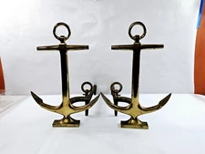 Rostand Brass Anchor Fireplace Andirons Nautical Home Decor Beach House MCM Vtg