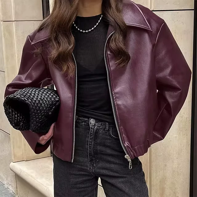 Genuine Lambskin Leather Bomber Jacket Womens Wine Red Oversized Vintage S-5XL