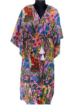 Indian Pink Frida Kahlo Print Cotton Hippie Maxi Women Nightwear Dress Caftan