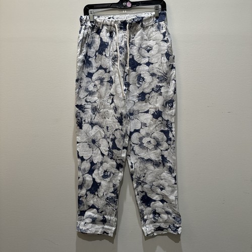Belle France Blue white Floral Linen Pants Women medium made in Italy Boho NWT - 第 2/11 張圖片