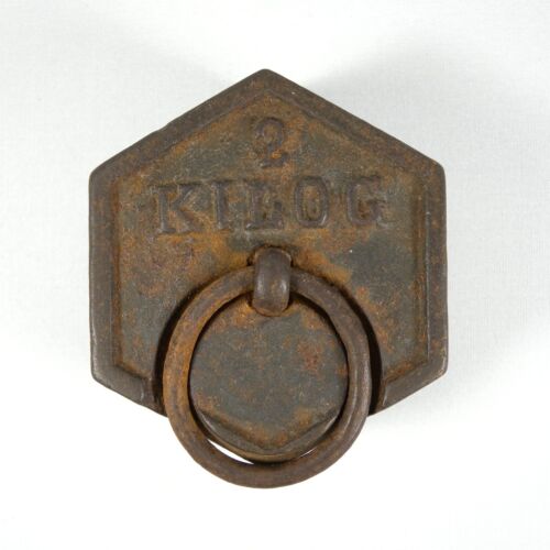 U854 ANTIQUE HEXAGONAL WEIGHT IRON SCALE STADERA FRENCH BASCULA 2KG - Picture 1 of 8