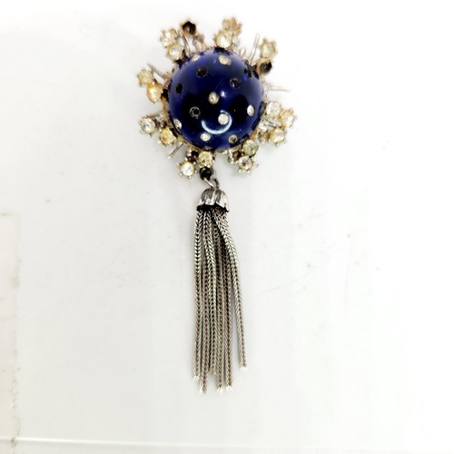 Vintage Mid-Century Space Age Atomic Dome Metallic Cobalt Blue Glass Brooch Pin