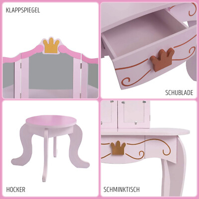 Kinder Schminktisch Mit Spiegel & Licht Prinzessin Spieltisch Mit Regal Ringschlitzen & Gepolstertem Hocker Rosa