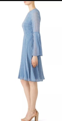 L.K. Bennett Abbie Silk Dress Bell Sleeve Fit & Flare Blue Size 16 - Picture 3 of 19