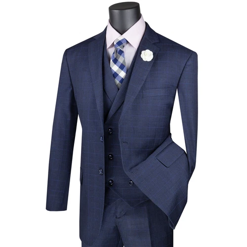 VINCI Men's Navy Blue Glen Plaid 3 Piece 2 Button Classic Fit Suit - NEW