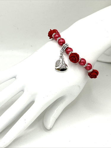 *Roses For Mom* Red Cinnabar & Glass 7.25" Mother's Day STRETCH Charm Bracelet - Picture 3 of 6