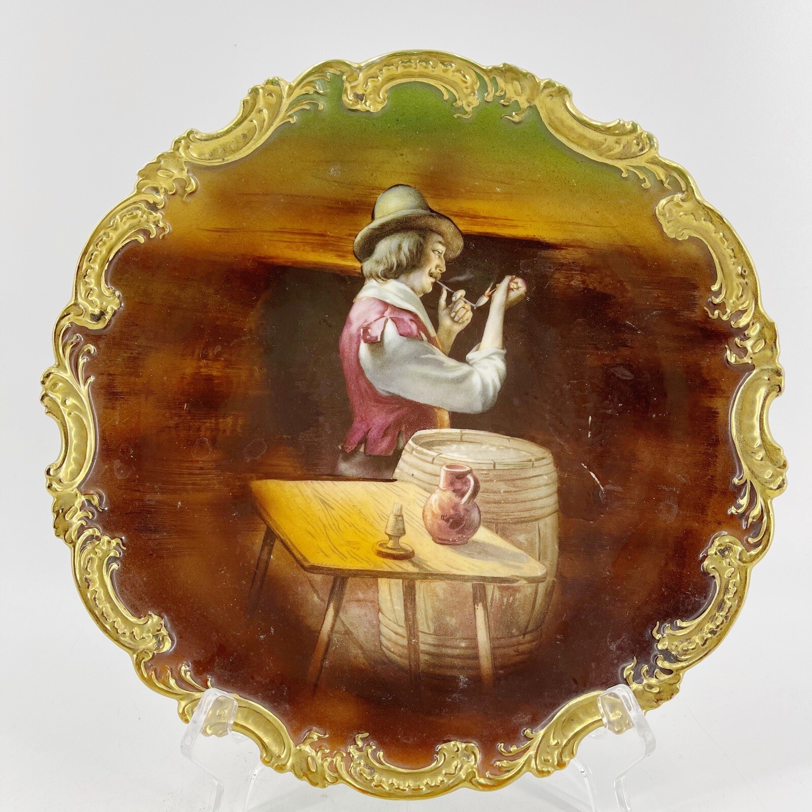 Antique Royal Bayreuth Bavaria Painted Wall Plate of Pipe Smoking Gentleman